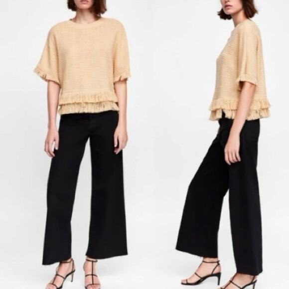 Zara Cream Beige Tweed Knit Fringe Crewneck Short Sleeve Sweater Top Size XS - Picture 9 of 11